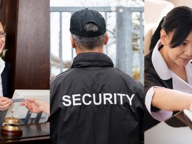 three images, a concierge, a security guard and a janitor