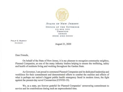 a letter from Gov. Murphy thanking Planned for helping during the COVID-19 crisis