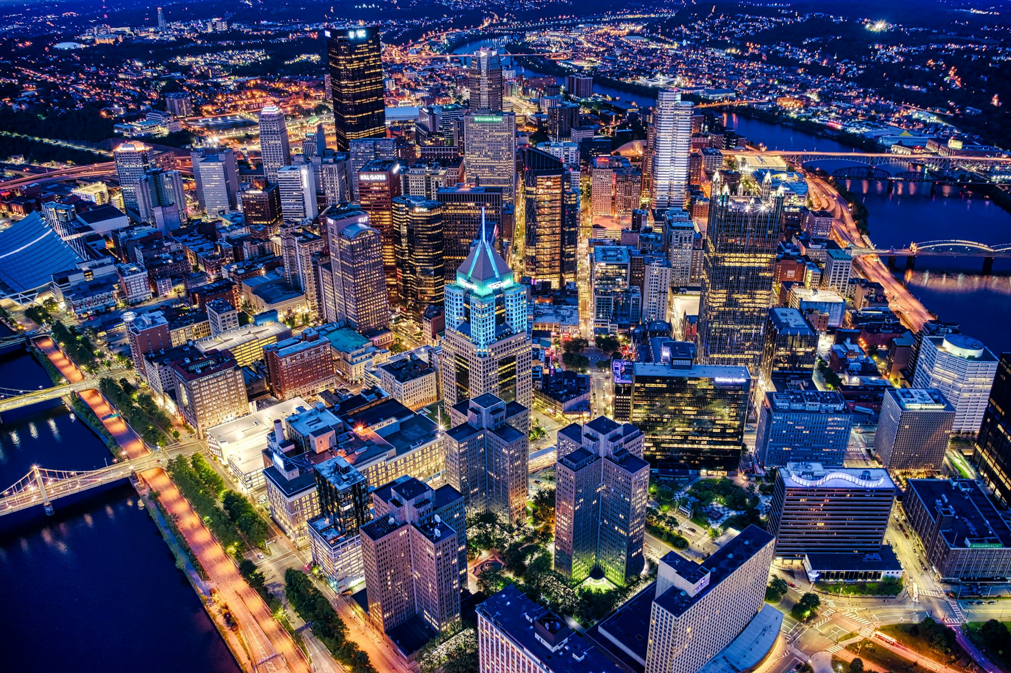 Aerial shot of the night Pittsburgh cityscape in Pennsylvania