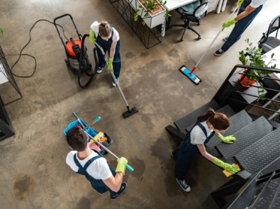 top view of cleaning company team cleaning modern office