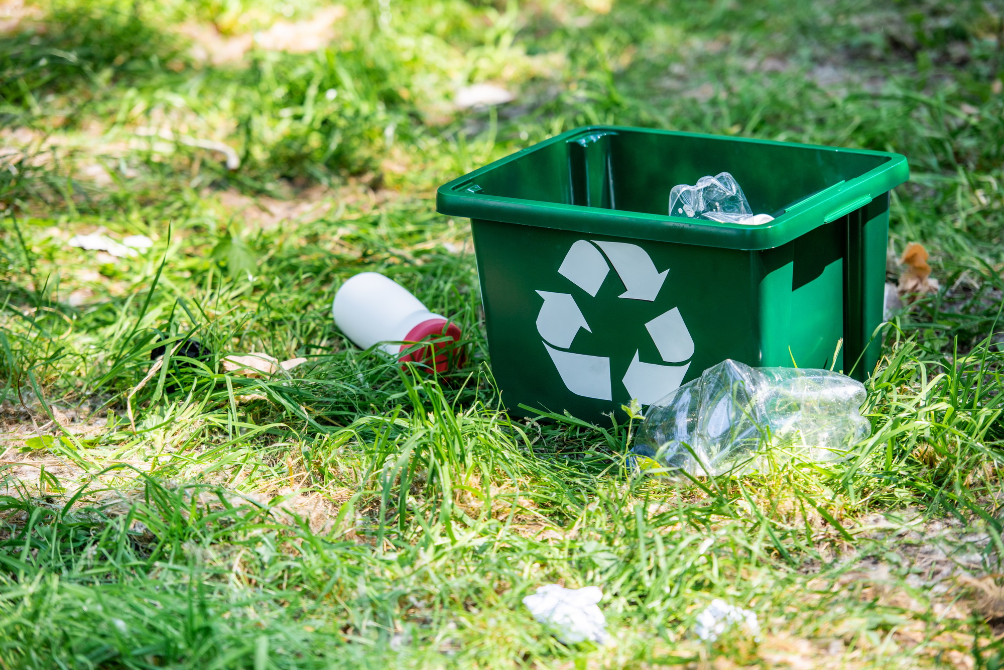 recycling box and plastic trash on green grass